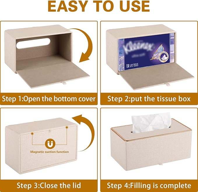 Tissue Box Cover Rectangle Tissue Box Holder PU Leather Facial Organizer with Magnetic Bottom,Decorative Napkin Caddy for Vanity Dresser Night Stand Table Countertop Home Office Car,Beige