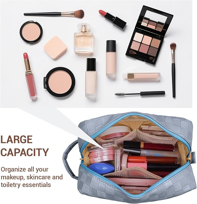 MAGEFY Makeup Bag, Checkered Travel Cosmetic Bag with Handle Leather Makeup Pouches for purse Make Up Bag Cute Makeup Bags for Women,Blue Haze