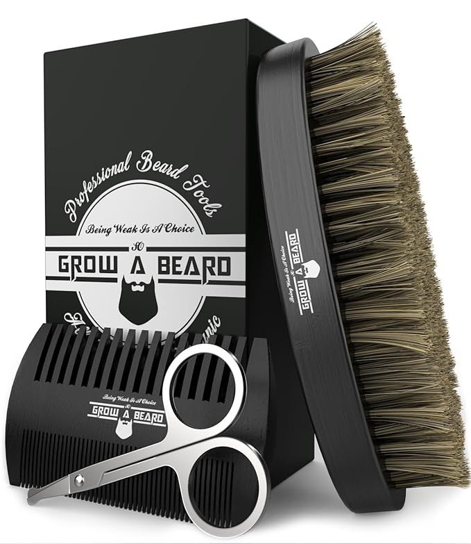 Beard Brush for Men with Beard & Mustache Comb Set, Beard Grooming & Care Kit, Natural Boar Bristle Brush, Dual Action Wood Comb, Stainless Steel Scissors, and Travel Bag, Great Fathers Day, Dad Gifts