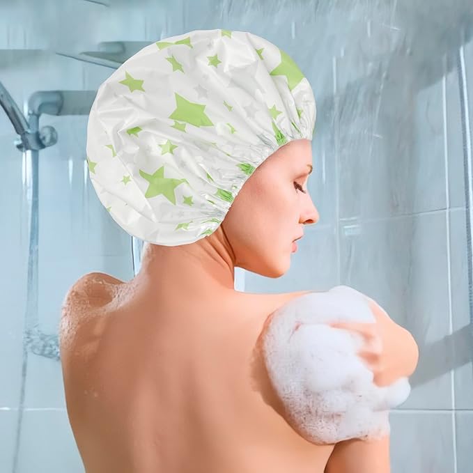 6 PCS Shower Caps for Women, Double Side Waterproof Shower Cap, Reusable Elastic Bath Caps for Shower, EVA Bathing Shower Caps, Bath Hair Caps - Star