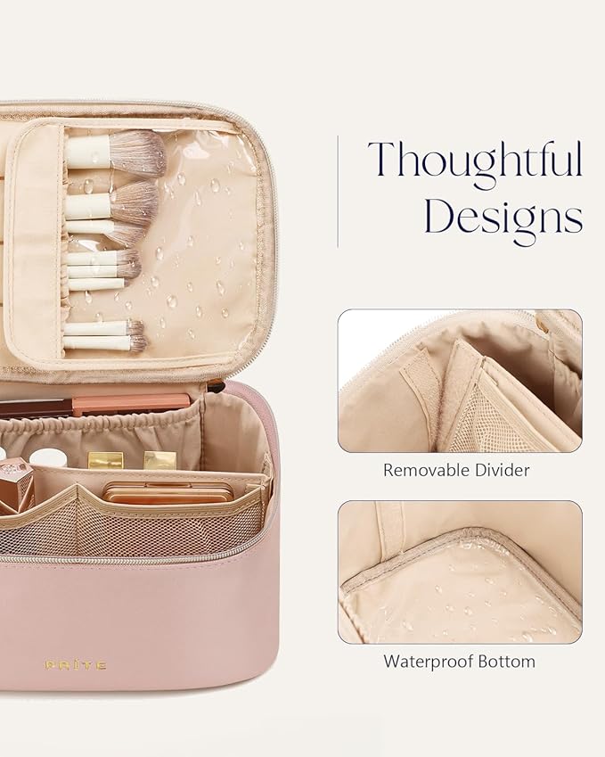 Prite Makeup Bag, Large Capacity Portable Travel Cosmetic Bag, Waterproof Makeup Organizer for Women with Handle and Divider (002 Pearl Pink)