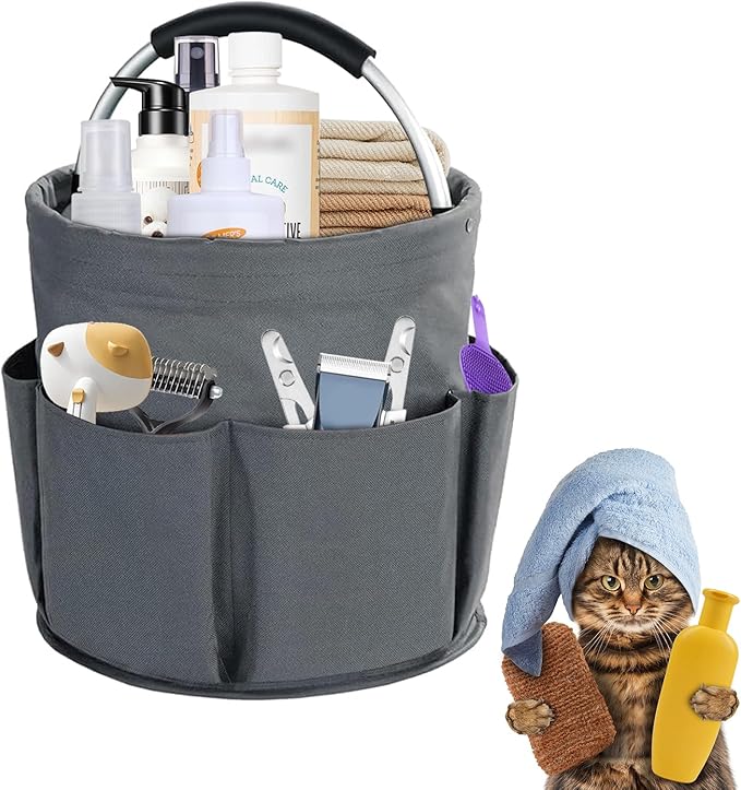 Felt Pet Dog Grooming Bag, Small Pet Grooming Tote Bag, 6-pocket Dog Grooming Supplies Organiser, Travel Outdoor Hold for Clippers Nail Grinder, Cleaning Brush, Trimmer, Nozzle, Gray