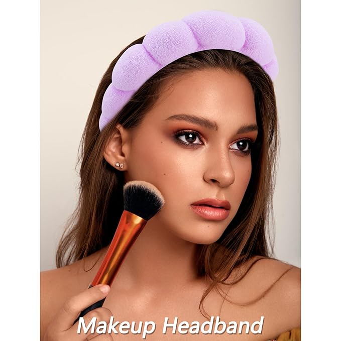 VELSCRUN Spa Headbands for Wash Face, Makeup Headband, Facial Skincare Headbands, 5 Pcs Purple Colourful Puffy Sponge Spa Headband Bow Tie Hair Band Hair Clips Wristband Set Women Girls Accessories