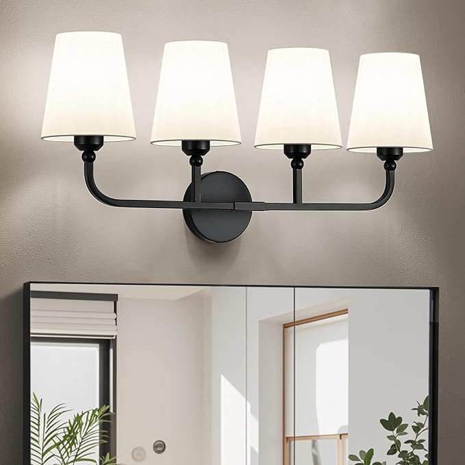 Bathroom Vanity Light, Matte Black Bathroom Light Fixtures, 4-Light Lighting Fixtures Over Mirror, Modern Wall Sconce with Flared White Fabric Shade, E26 Socket(ETL Listed)