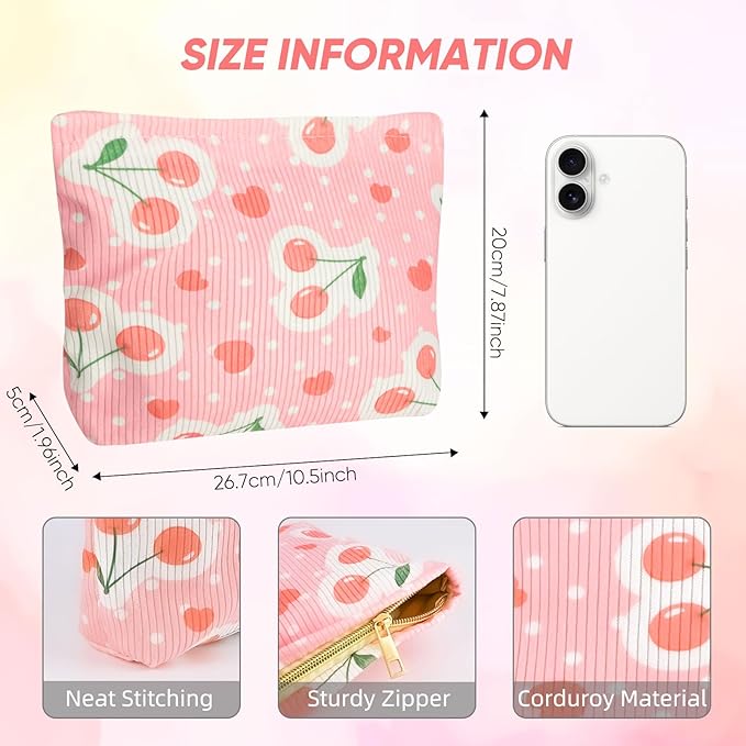 Cute Cherry Makeup Pouch for Women Red Heart Small Make Up Bag for Purse Zipper Initial Makeup Cosmetic Bags Pouches for Purse Aesthetic Travel Toiletry Bags, Pink Cherries Hearts