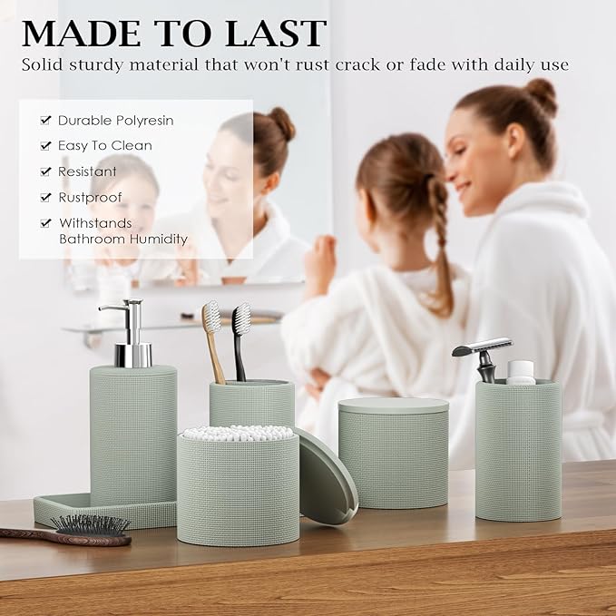 6-Piece Green Bathroom Set - Mesh Textured Resin Bathroom Accessories Set with Soap Dispenser, Toothbrush Holder, Cup, Vanity Tray & Apothecary Jars for Small Spaces