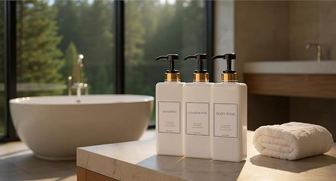 Shampoo and Conditioner Dispenser - Modern Gold Design Large 27oz Shower Soap Dispenser Set of 3, Refillable Empty Plastic Pump Bottles for Bathroom, 6 Waterproof Labels Included, Black