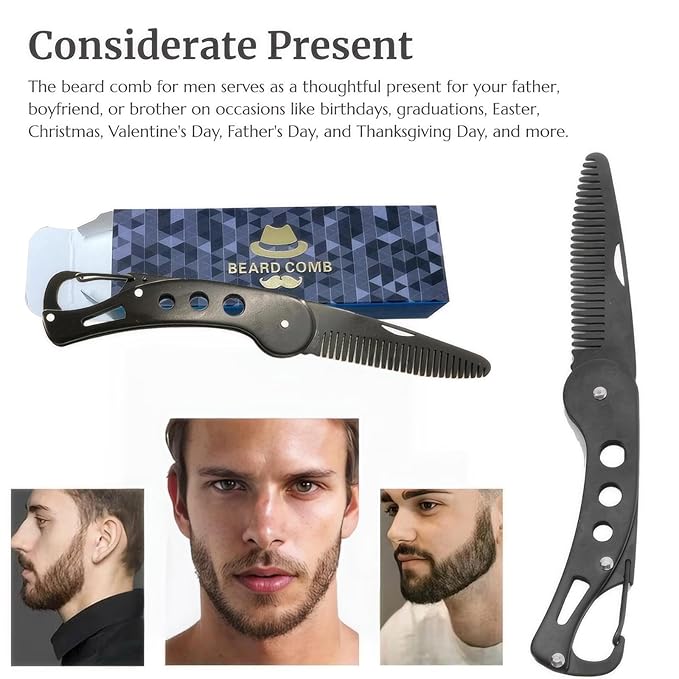 Stainless Steel Folding Beard Comb, Portable Mustache Comb, Beard Grooming Kit - Black