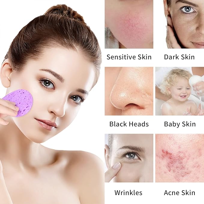 50-Count Facial Sponges Compressed Natural Cellulose Sponge Round Shape Face Sponge for Face Cleansing Exfoliating and Makeup Removal, Purple