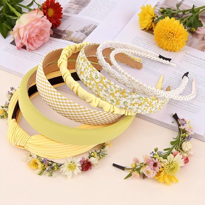 AHONEY 7 Pack Yellow Headbands for Women Girls Headbands Fashion Non Slip Hairbands Cute Hair Accessories Multi-style Headband Pack