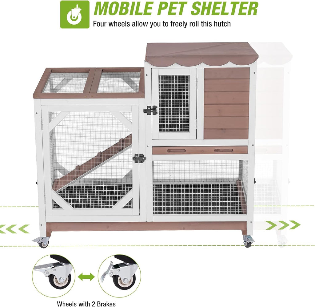 GUTINNEEN Rabbit Hutch Indoor Rabbit Cage with Wheels Outdoor Bunny House 2 Story Guinea Pig Cage with Leakproof Tarp Roof