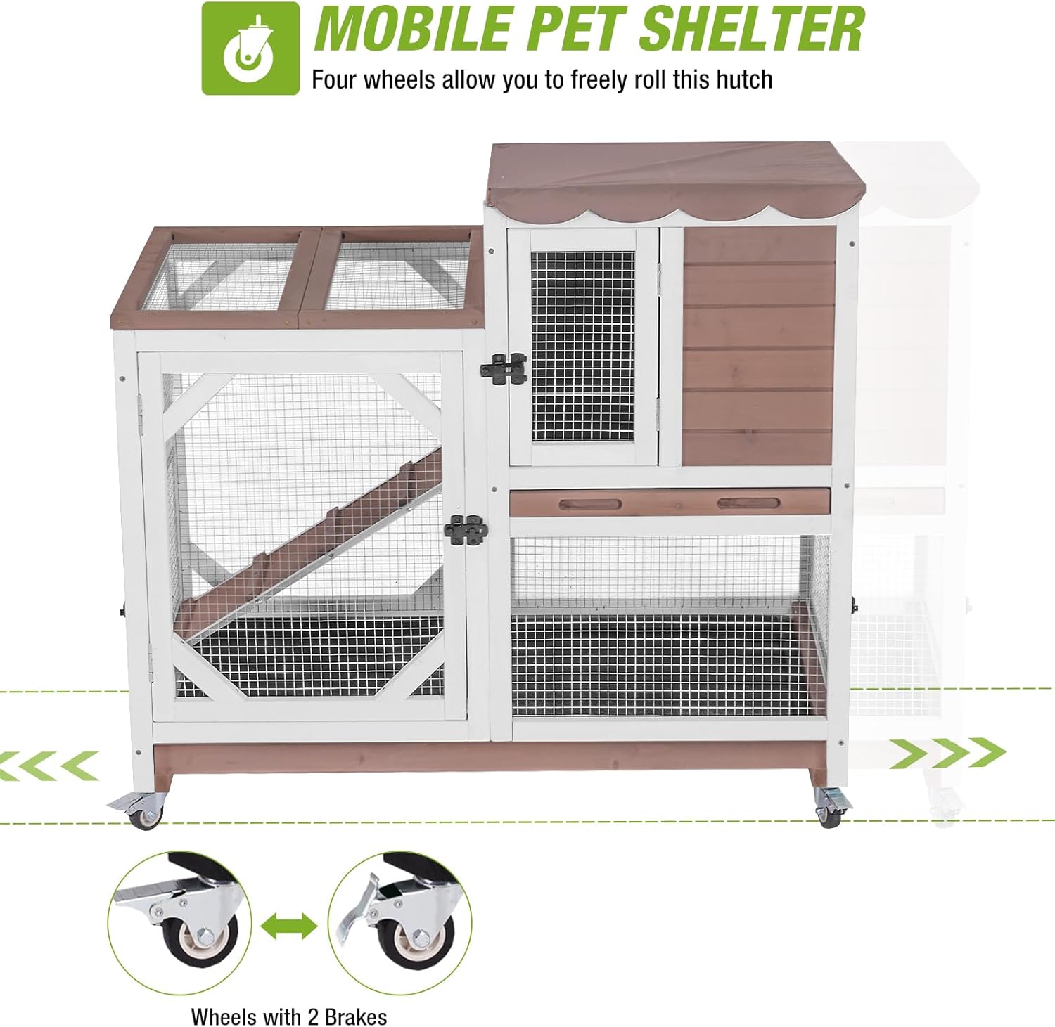 GUTINNEEN Rabbit Hutch Indoor Rabbit Cage with Wheels Outdoor Bunny House 2 Story Guinea Pig Cage with Leakproof Tarp Roof