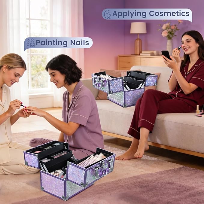 FRENESSA Makeup Case Organizer Makeup Box Cosmetic Train Case Portable Make Up Artist Travel Case Storage Box 4 Trays with Dividers Lockable Hard Train Case Nail Tech Supply Storage Shiny Purple