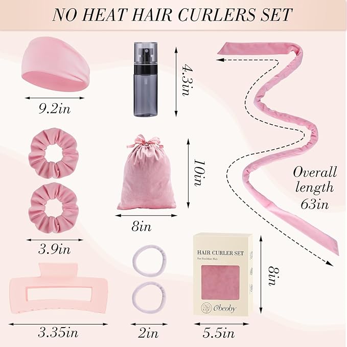Obeoby Heatless Curls Overnight Set, No Heat Hair Curlers To Sleep In, Hair Rollers with Scrunchies and Clips for Women Long & Short Hair, pink
