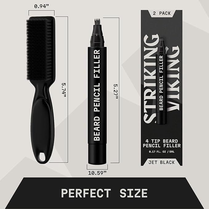Striking Viking Beard Pencil Filler For Men - Jet Black, 2 Pack - Temporary Beard Dye - Waterproof Sweatproof Long Wear Beard Filler Pen for Touchups & Gap Contouring - Enhances Facial Hair