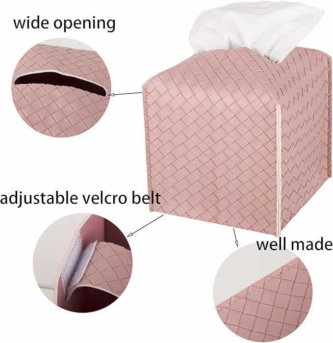 Tissue Box Cover PU Leather Tissue Holder Square Facial Tissue Case Facial Paper Organizer Dispenser for Bathroom, Vanity Countertop, Tabletop, Car, Pink