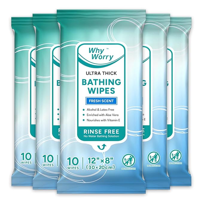 WhyWorry Ultra Thick Bathing Wipes for Adults Rinse Free, Large Body Wipes for Women, Men, Elderly Care & Cleaning, 8" x 12" Disposable Shower Washcloths for Gym & Camping, Fresh Scent, 50 Count
