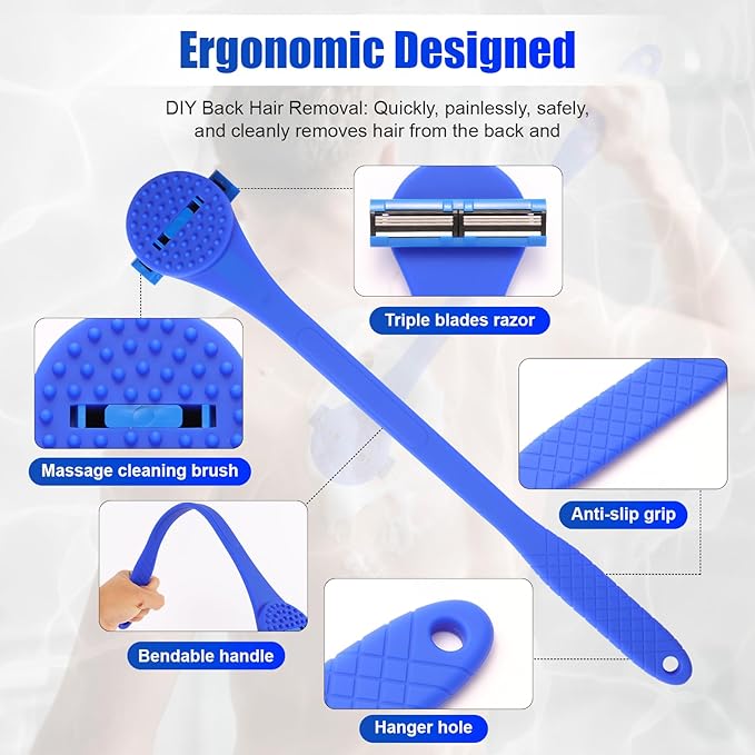 Back& Body Shaver for Men,Back Hair Trimmer for Men with Long Bendable Ergonomic Silicone Handle,10 of The Wet or Dry Disposable Razor Blades,Bath Brush Included(Blue)