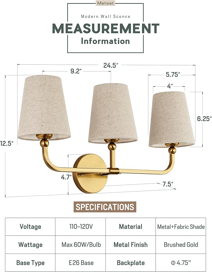 3-Light Bathroom Light Fixtures, Brushed Gold Vanity Lights with Brown Fabric Shade, Modern Sconces Wall Lighting for Hallway Bedroom, Upward Lighting, VL837-BG-L-3
