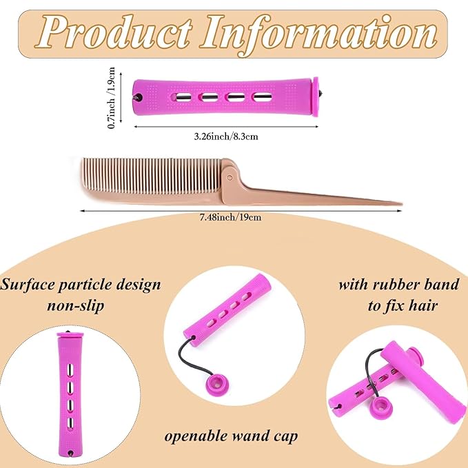 Purple Perm Rods Set for women - 36pcs Plastic Cold Wave Rods Hair Rollers for Short Long Hair Curling Rod with Rat Tail Comb(36pcs Purple)