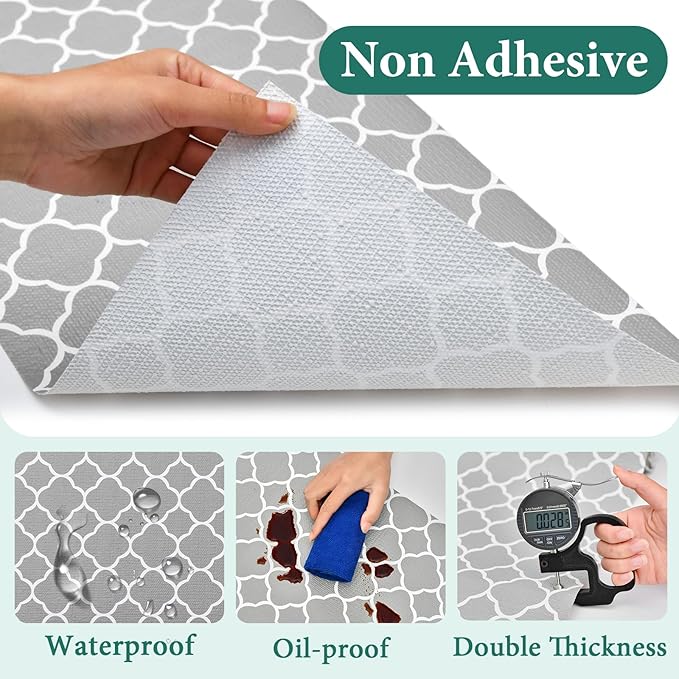 Shelf Liners for Kitchen Cabinets 17in x 20FT Non Adhesive Drawer Liner Gray Quatrefoil Thickened Shelf Liner Paper Strong Non-Slip Easy to Clean for Tool Box Refrigerator with Knife and Tape Measure