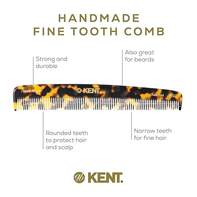 Kent F3T TY Fine Tooth Comb for Hair Parting, Handmade Combs for Men and Straightening Comb for Women, Dandruff Remover Kent Mens Combs for Fine Hair