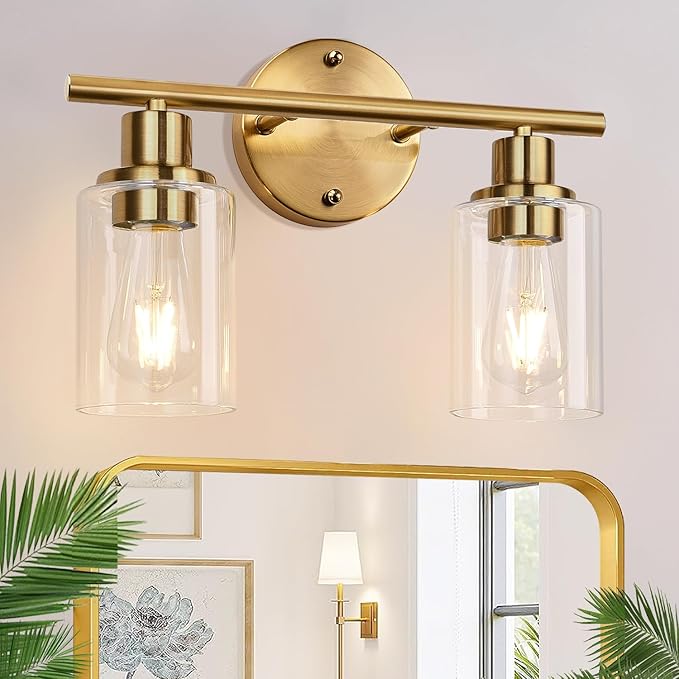 2-Light Bathroom Light Fixtures, Brushed Gold Vanity Light, Modern Vanity Lights with Clear Glass Shade, Bathroom Wall Lamp for Mirror Kitchen Living Room Hallway Cabinet Porch