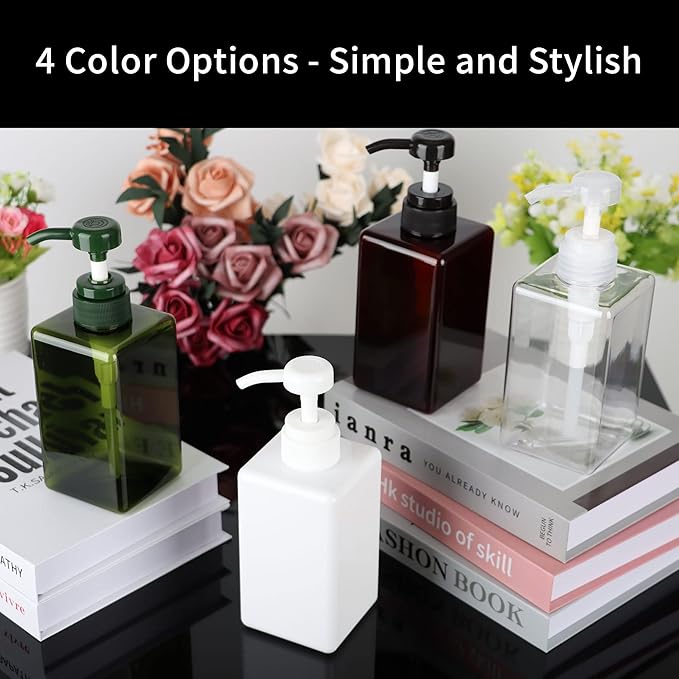 450ml (15.2oz) Pump Bottle Dispenser Jansburg 2Pack Refillable Square Plastic Lotion Dispenser Empty Lotion Pump Bottle for Essential Oil Soap Lotion Shampoo, Bathroom/Kitchen/Travel Amber