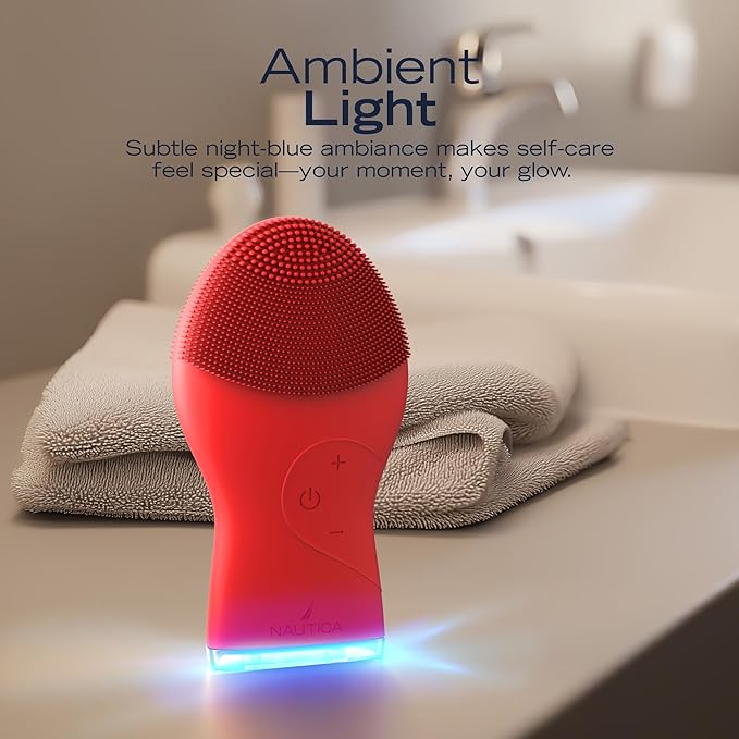Nautica PC120 Facial Cleansing Brush Made with Ultra-Hygienic Soft Silicone, Waterproof, Rechargeable Vibrating Face Exfoliator Scrub Brush with Sonic Technology for Men & Women - Dancing Red