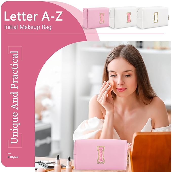 Personalized Initial A-Z Preppy Patch Makeup Bag,Small PU Leather Chenille Letter Cosmetic Bag with Zipper for Teen Girls,Pink Cute Travel Toiletry Bag,Birthday Monogrammed Gift for Daughter,Letter I