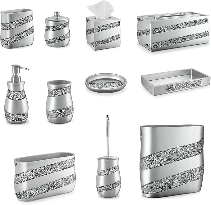 Silver Mosaic Bathroom Counter Vanity Organizer, Countertop Cosmetic Makeup Holder Hair Brush Caddy Hair Accessories Storage, 3-Compartments Decorative Bath Organization (Silver Gray)