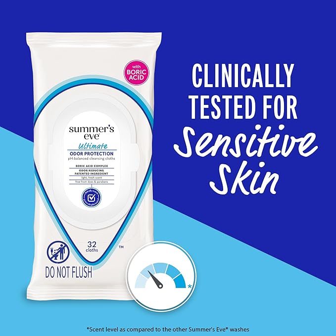 Summer's Eve Ultimate Odor Protection Daily Feminine Wipes, Gentle pH-Balanced Formula with Boric Acid Cleanses & Removes Vaginal Odor, Resealable Pack, 32 Body Wipes