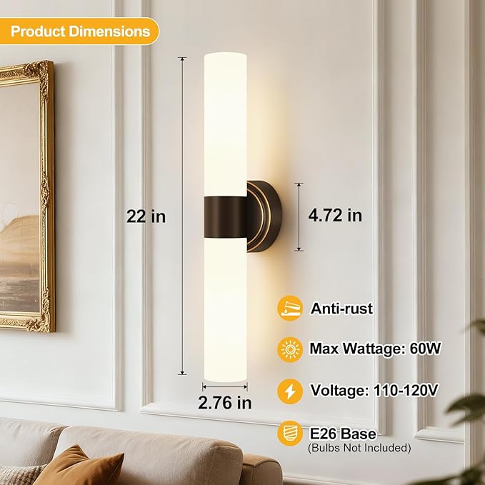 Wall Sconces Set of Two, Modern Bathroom Sconces Wall Lighting with Milky White Glass, Brown Sconces Wall Decor Set of 2 for Bathroom Mirror Bedroom Living Room Hallway