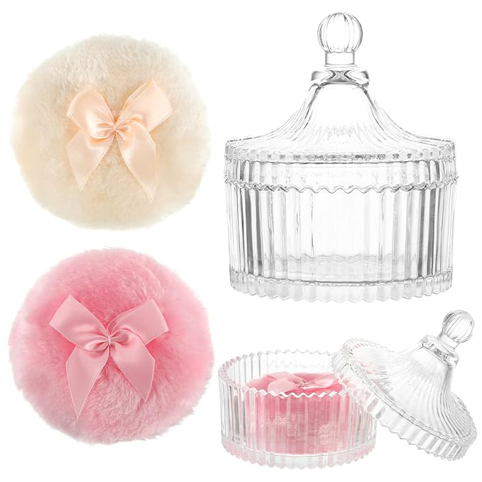 3 PCS Large Body Powder Puff and Container Powder Container with 2 Pcs 3.54 Inch Puff Soft Velour Reusable Washable Crystal Case Valentine's Day Gift for Face Body Glitter Makeup Wet Dry Use