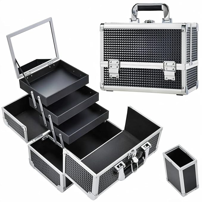 Joligrace Makeup Train Case Makeup Case 3-Tray Cosmetic Box with Mirror, Shine Black, 11.8-in Large Makeup Box with Detachable Brush Holder, Lockable Portable Makeup Travel Organizer Case