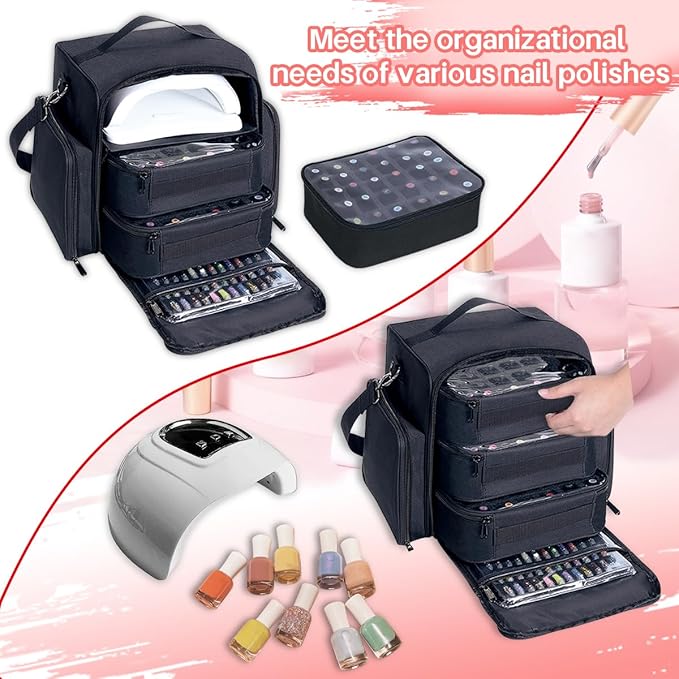 Nail Polish Organizer Storage Box, Holds 90 Bottles of Nail Polish, Portable Travel Case with 3 Separate Storage Bags, Can Be Used for Nail Art Supplies, Manicurists, etc Black
