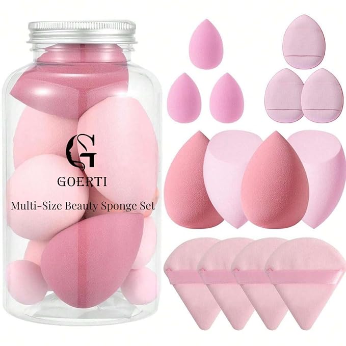 Beauty Blender Sponge Set 14PCS – Multi-Size Makeup Sponges for Foundation, Liquid, Powder - Triangle Puffs, Mini Beauty Blender, Thumb Powder Puff, Reusable & Wet or Dry Use (Pink)