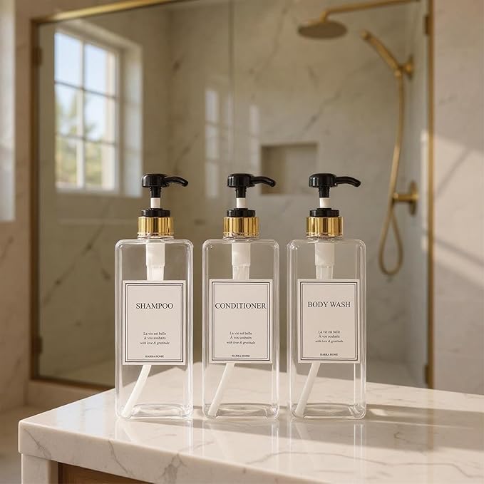 Modern Gold Design Shampoo and Conditioner Dispenser, Large 27oz Shower Soap Dispenser, Set of 3 Refillable Empty Plastic Pump Bottles for Bathroom (6 Waterproof Labels Included), (Clear & Black)