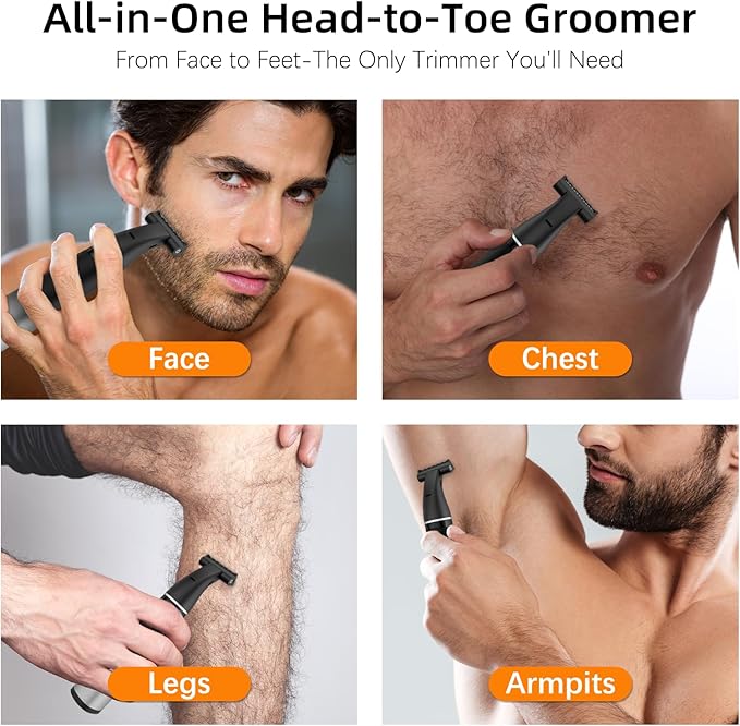 RUIM Men's 3-in-1 Body Groomer | Waterproof Electric Shaver for Groin & Sensitive Areas | Painless Wet/Dry Use with Nose & Eyebrow Trimmer | 8-Head Kit for Chest, Back, Body Hair