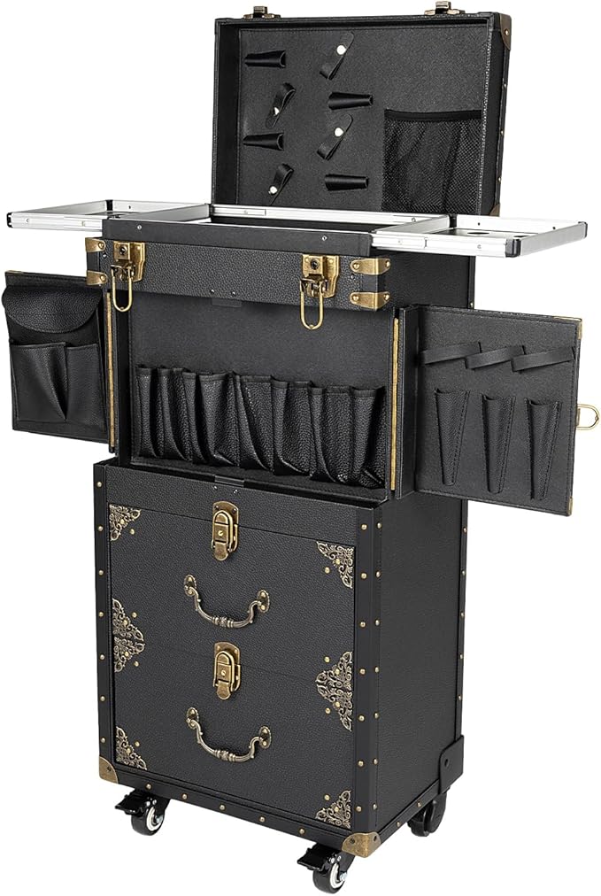Rolling Makeup Train Case with Drawer, Lockable Hairstylist Traveling Case Stylist Storage Trolley, Beauty Salon Cosmetic Luggage Travel Organizer Tool Box with Hair Dryer Holder