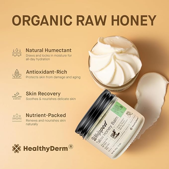 Beef Tallow Honey Balm for Skin: 100% Grass Fed Whipped Organic Moisturizer with Organic Raw Honey, Jojoba Oil, Vitamin E – Natural Face and Body Care for Mature, Dry or Sensitive Skin, 4oz