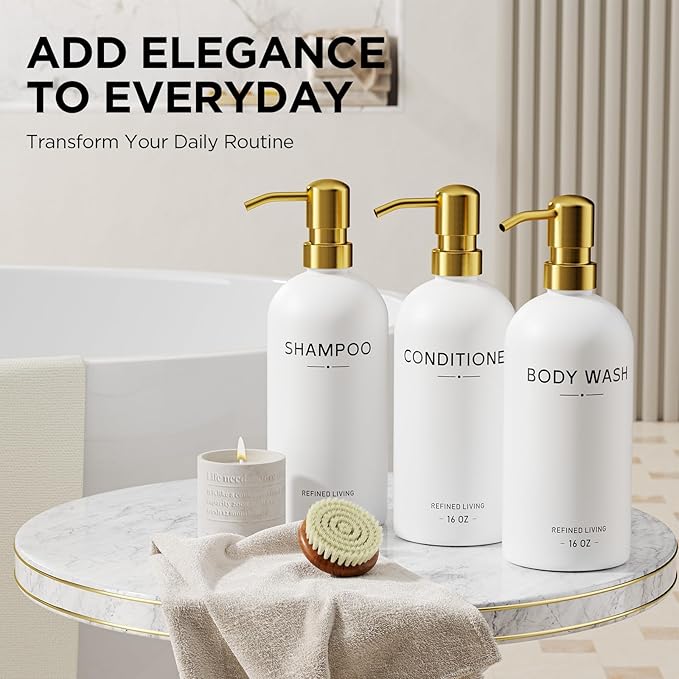 Shampoo and Conditioner Dispenser Set,3 Refillable 16oz Bottles with Stainless Steel Pumps – Shower Soap Dispensers for Bathroom, Hotel or Airbnb (Gold, 3-Pack)