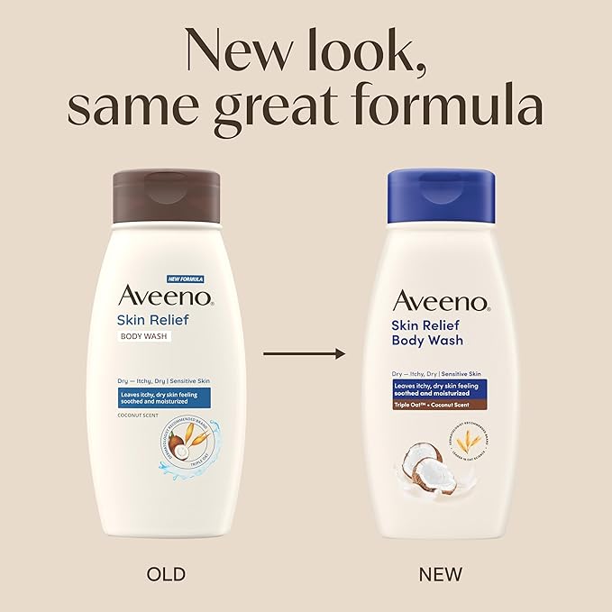 Aveeno Skin Relief Body Wash with a Gentle Coconut Scent & Soothing Triple Oat, Cleanser for Sensitive Skin Leaves Itchy, Dry Skin Soothed & Feeling Moisturized, 18 fl. oz