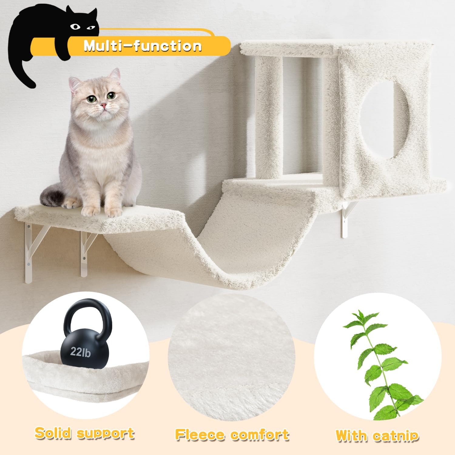 NUNU LAB Wall Mounted Cat Climber Set, 6 Pcs Cat Furniture Set with House, Bridge, Steps, Scratcher Board and Hammock, Shelves for Indoor, Luxury Walls Furniture(Beige)