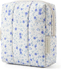 BAGSMART Small Travel Makeup Bag for Purse Toiletry Pouch, Puffy Padded Mini Cosmetics Bag, Cute Make Up Pouch for Women with Slip-in Pocket, Travel Essentials for Toiletries, Blue Ditsy Floral