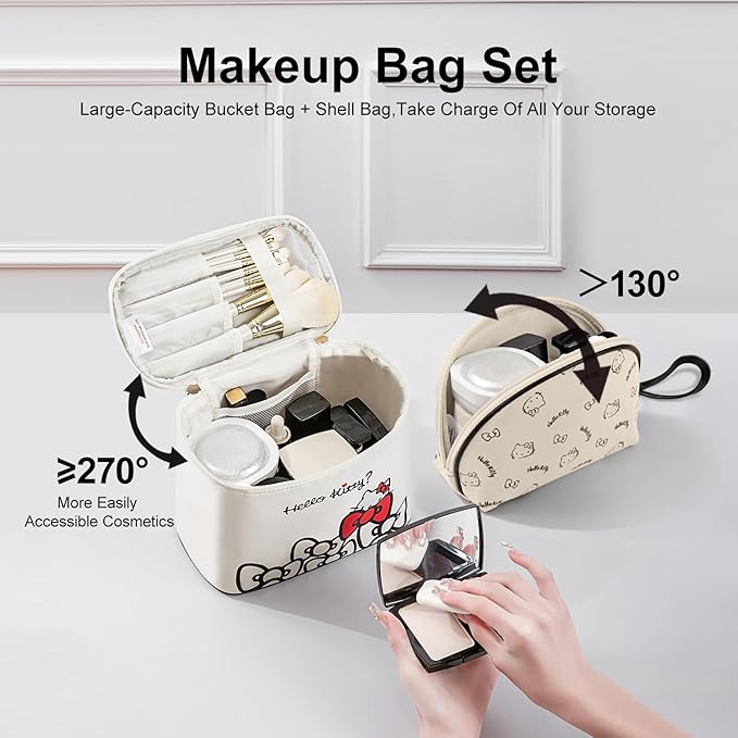 Vimanllie Travel Makeup Bag Large Cosmetic Bags with Brush Holder,Beige 2PCS Portable Cosmetic Case for Women,Portable Toiletry Bag for Girls