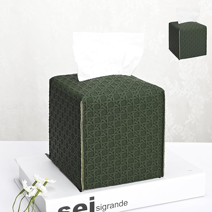 HOMOTEK 2 Pack Tissue Box Cover, Square PU Leather Tissue Holder, Decorative Facial Tissue Cube Paper Organizer Dispenser for Bathroom, Night Stands, Desk, Car 5X5X5'' - Rattan Weave,Emerald Green