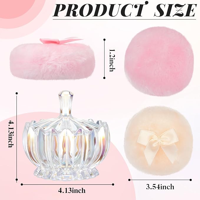 Tioncy 3 Pcs Large Body Powder Puff and Container Valentine's Day gift Powder Container with Puff Crystal Case Soft Washable Reusable Velour Face Body Glitter Wet Dry Makeup(Scalloped,Glitter)