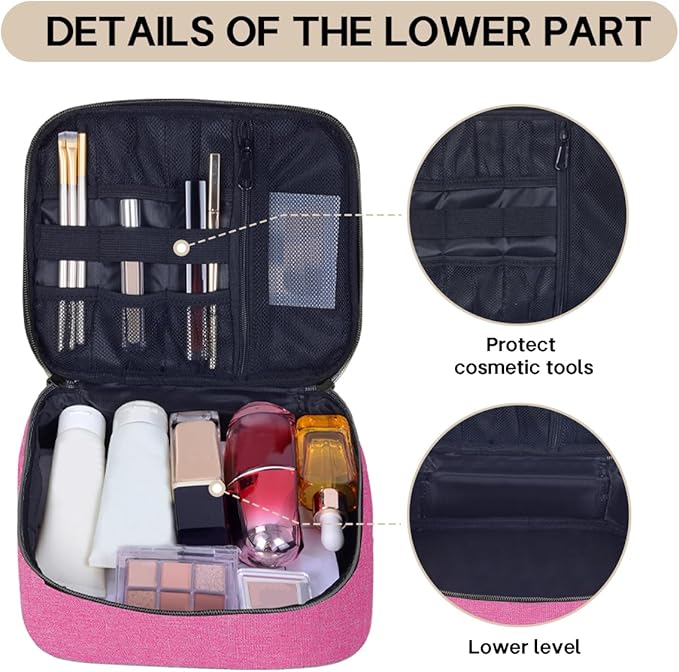 Double Layer Makeup Bag Portable Large Cosmetic Case Organizer with Adjustable Dividers Storage Travel Bag for Accessories Brushes Conditioner and Skin Care Products (Wine)