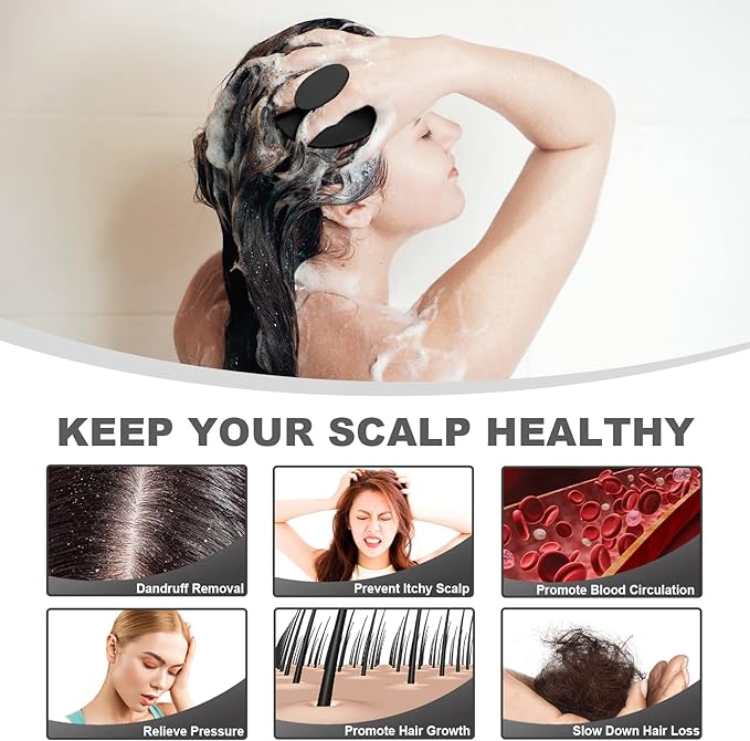 Silicone Scalp Massager Shampoo Brush, Scalp Brush for Hair Growth & Dandruff Removal, Hair Scrubber Scalp Stimulator Exfoliator Brush with Soft Bristles for Wet Dry Scalp Care (Black)